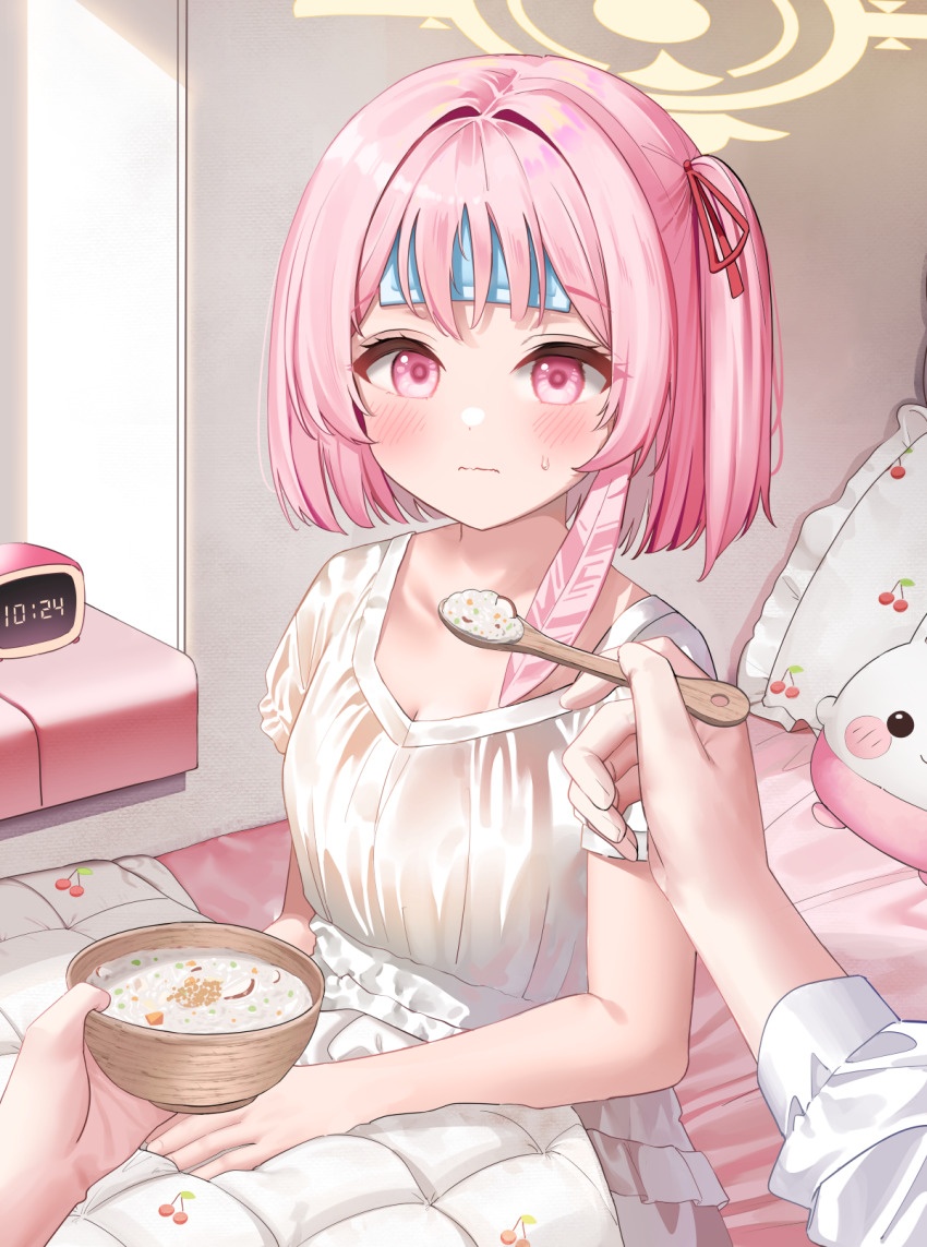 1girl 1other blanket blue_archive blush bowl cherry_print clock cold_pack commentary_request commission feeding fever food food_print fruit_print hair_ribbon halo highres holding holding_bowl holding_spoon ine_(ineinnen) on_bed pajamas pillow pink_eyes pink_hair pixiv_commission pov ribbon serina_(blue_archive) short_hair soup spoon stuffed_toy wooden_spoon yellow_halo