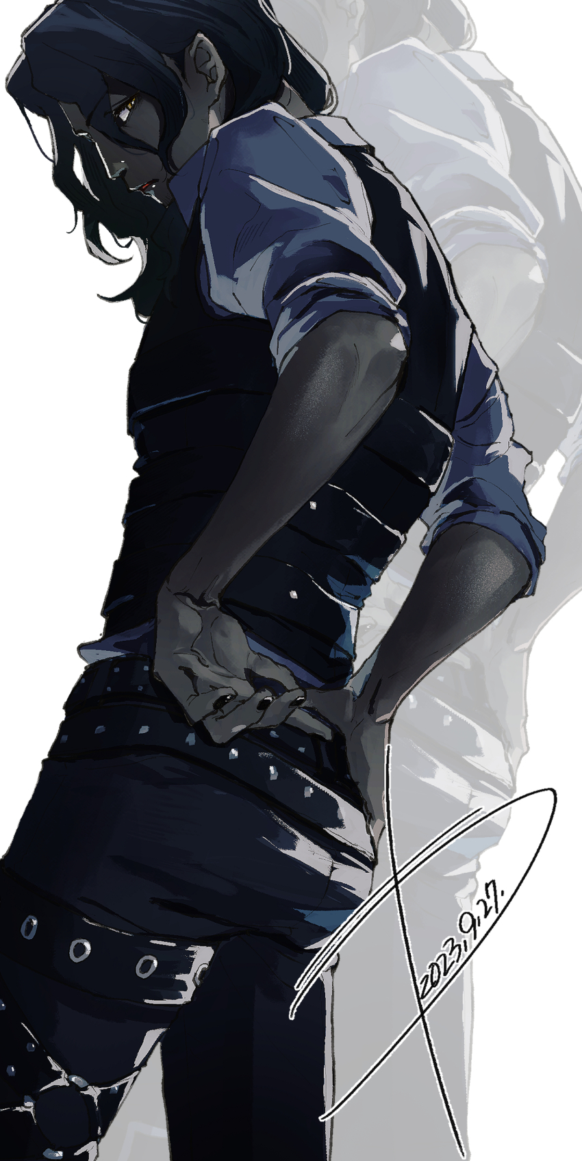 1boy absurdres black_hair dark-skinned_male dark_skin fire_emblem fire_emblem_engage highres looking_back male_focus medium_hair nintendo open_mouth shirt solo vest wa_gamc yellow_eyes zelkov_(fire_emblem)