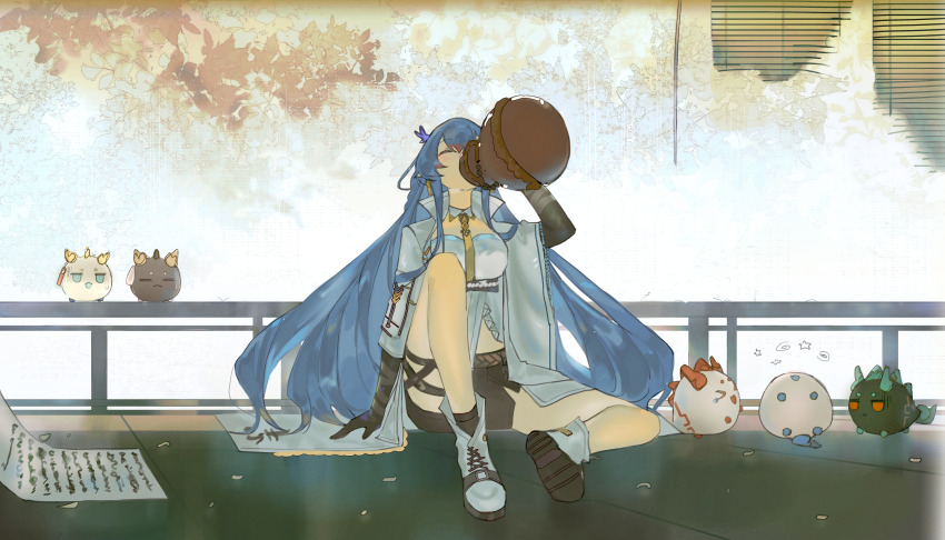 &gt;_&lt; 1girl absurdres annotated arknights blue_hair chongyue_(arknights) closed_eyes coat commentary dragon_bubble_(arknights) dragon_girl dragon_horns dragon_tail drinking dusk_(arknights) earrings english_commentary gourd highres holding holding_gourd horns jewelry ling_(arknights) long_hair long_sleeves necktie nian_(arknights) on_floor open_clothes open_coat pointy_ears shirt short_shorts shorts shu_(arknights) sitting strapless strapless_shirt tail very_long_hair yuishironeko
