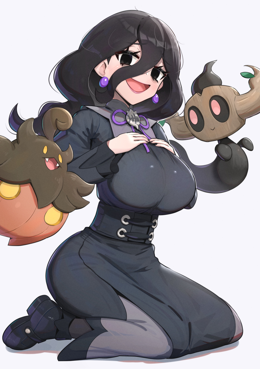 1girl absurdres black_corset black_dress black_eyes black_hair black_pantyhose black_sclera breasts closed_mouth colored_sclera corset dress earrings empty_eyes fangs gen_6_pokemon gonzarez hair_between_eyes hex_maniac_(pokemon) hex_maniac_(pokemon_legends:_z-a) highres jewelry juliet_sleeves kneeling large_breasts leaf long_hair long_sleeves looking_at_viewer neck_ribbon nintendo open_mouth pantyhose phantump pink_eyes pokemon pokemon_(creature) pokemon_legends:_z-a puffy_sleeves pumpkaboo purple_eyes purple_ribbon ribbon seiza simple_background sitting smile solo white_background yellow_eyes yellow_sclera