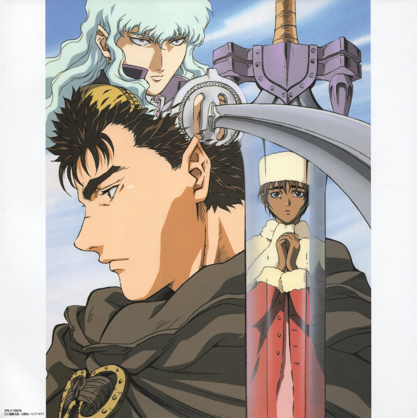 1990s_(style) 1girl 2boys berserk black_eyes black_hair brown_eyes brown_hair casca_(berserk) cloak coat constricted_pupils dark-skinned_female dark_skin griffith_(berserk) guts_(berserk) hat highres holding holding_sword holding_weapon long_hair multiple_boys non-web_source official_art own_hands_together pillarboxed red_coat reflection retro_artstyle scan scarf short_hair sword weapon white_hair