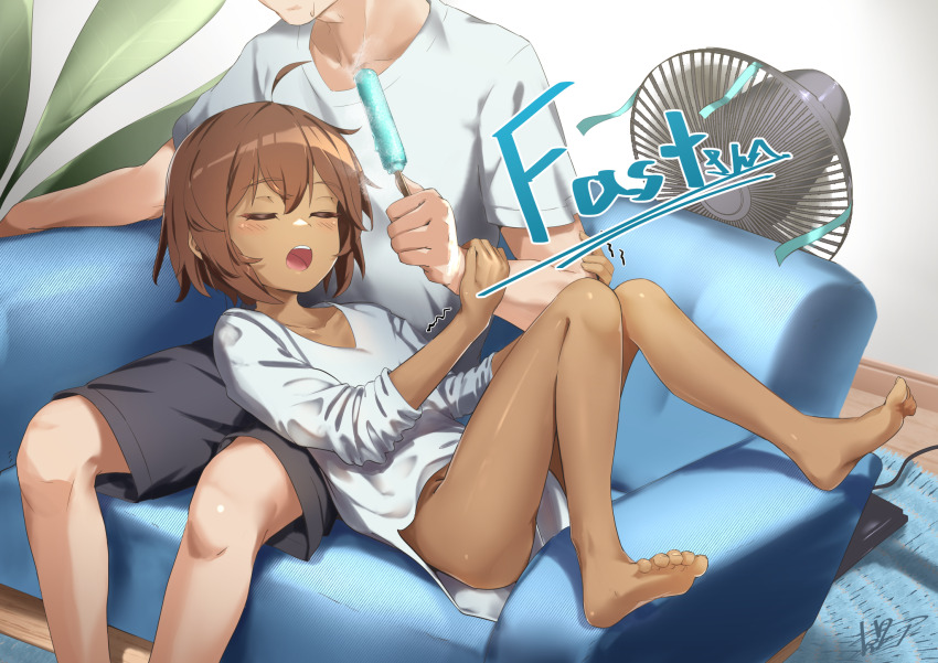 1boy 1girl ahoge bare_legs barefoot black_shorts blue_rug brown_hair closed_eyes commission commissioner_name couch dark-skinned_female dark_skin electric_fan faceless faceless_male feet food highres holding_food holding_popsicle indoors kagami_(haret46) legs lying lying_on_lap no_panties on_couch open_mouth original pelvic_curtain popsicle second-party_source shirt short_hair shorts signature sitting t-shirt toes webp-to-png_conversion white_shirt yuuhi_(fast)