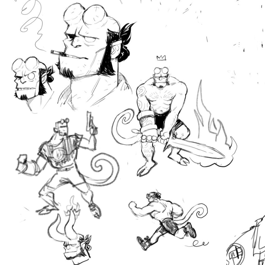 1boy alternate_horns bar_(place) broken_horn collage cropped_head cropped_shoulders demon_boy floating_crown greyscale gun hellboy hellboy_(comic) holding holding_gun holding_sword holding_weapon horns large_horns large_pectorals loincloth male_focus mature_male monochrome muscular muscular_male nipples o_o pectorals running sketch smoking sparse_chest_hair sword tail urlututu weapon