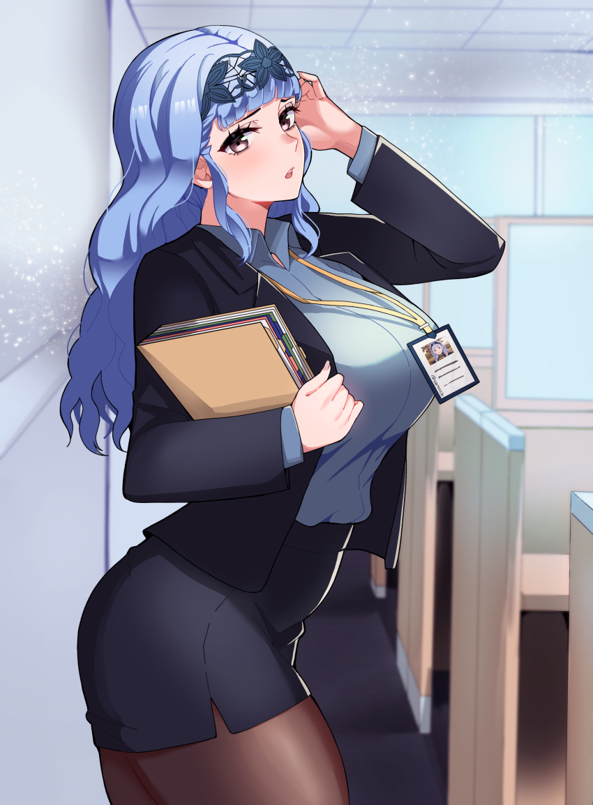 1girl absurdres adjusting_hair alternate_costume blue_hair breasts brown_hair ceroccb collared_shirt contemporary fire_emblem fire_emblem:_three_houses fire_emblem_warriors:_three_hopes folder hairband highres holding holding_folder large_breasts long_hair looking_at_viewer marianne_von_edmund name_tag nintendo office office_lady official_alternate_hairstyle pantyhose parted_lips pencil_skirt shirt skirt solo