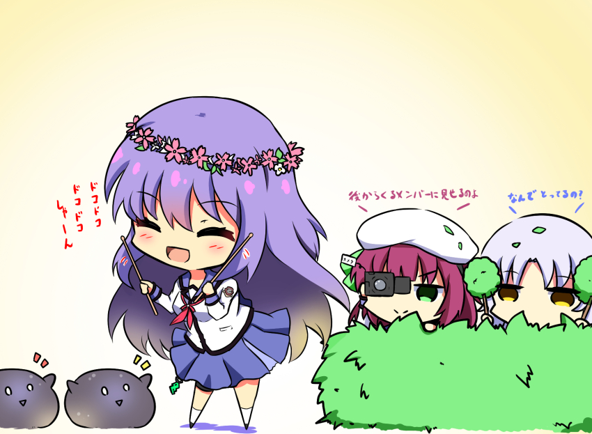 3girls :d ^_^ angel_beats! beret blue_skirt blush bush camera chibi chibi_only closed_eyes closed_mouth commentary_request drumsticks eyes_visible_through_hair green_eyes hair_between_eyes happy hat heaven_burns_red hiding highres holding holding_camera holding_drumsticks irie_miyuki jitome long_hair long_sleeves looking_at_another motion_lines multiple_girls nakamura_yuri neckerchief open_mouth pink_neckerchief purple_hair sekibaracheice shinda_sekai_sensen_uniform shirt simple_background skirt smile split_mouth standing tenshi_(angel_beats!) translated very_long_hair video_camera white_hair white_headwear white_shirt yellow_background yellow_eyes