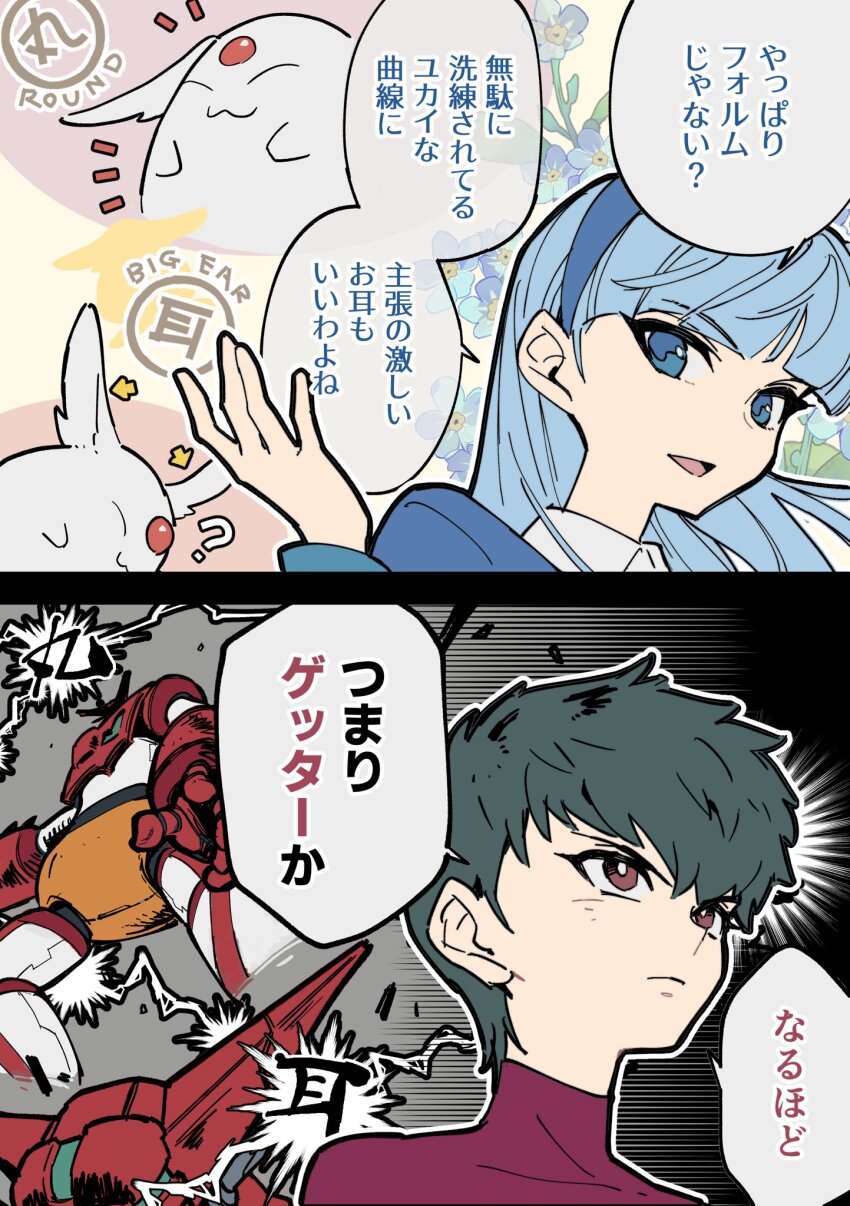 1boy 1girl blue_eyes blue_hair blue_hairband bodysuit getter-1 getter_robo gou_saotome green_hair hairband hanahiyo_(hoimin) highres long_hair magic_knight_rayearth mecha mokona robot ryuuzaki_umi school_uniform science_fiction shin_getter_robo short_hair smile speech_bubble super_robot super_robot_wars super_robot_wars_30 yellow_eyes
