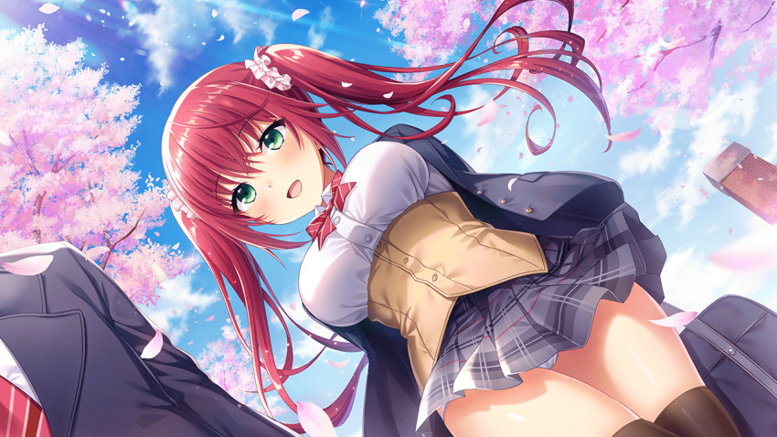 1boy 1girl akai_asaka bag blazer blue_sky blush bow bowtie breasts buttons cardigan cherry_blossoms cloud cloudy_sky day deep_one_kyomu_to_mugen_no_fragment dutch_angle falling_petals flower green_eyes hair_between_eyes hair_ornament hair_scrunchie hanami holding holding_bag jacket large_breasts long_hair looking_at_viewer natsuhiko non-web_source open_mouth outdoors panties pantyshot petals pink_flower plaid_bow plaid_clothes plaid_skirt pleated_skirt red_bow red_bowtie red_hair rose_petals school_bag school_uniform scrunchie shirt sidelocks skirt sky smile spring_(season) standing thighhighs tree twintails underwear white_panties white_shirt wind wind_lift