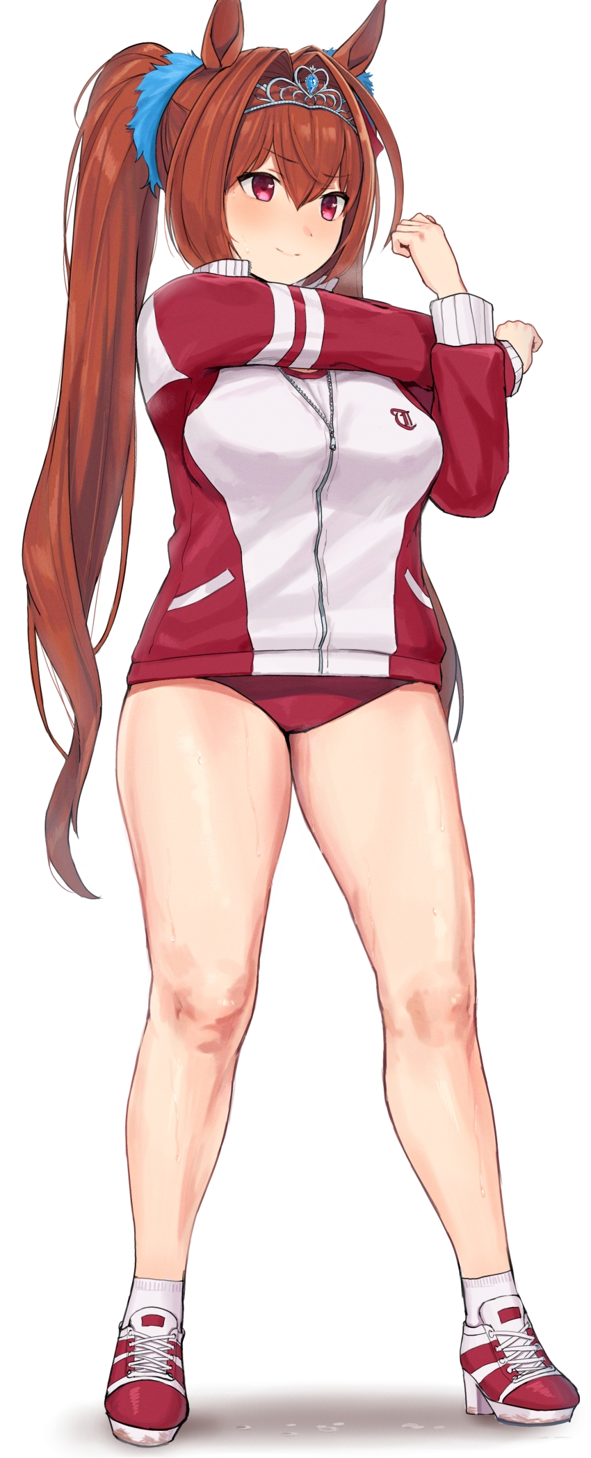 1girl absurdres animal_ears ankle_socks blue_gemstone blush breasts brown_hair buruma clenched_hands closed_mouth commentary_request cross-body_stretch cross-laced_footwear daiwa_scarlet_(umamusume) double-parted_bangs full_body fur_hair_tie gem gym_shirt hair_between_eyes hair_intakes hands_up high_heel_sneakers highres horse_ears horse_girl jacket kuro_(zhurunbo1997) large_breasts legs_apart long_bangs long_hair multicolored_jacket partially_unzipped pocket purple_eyes red_buruma red_jacket red_shoes shirt shoes simple_background smile socks solo standing stretching sweat thighs tiara track_jacket twintails two-tone_jacket umamusume very_long_hair white_background white_jacket white_shirt white_shoes white_socks zipper zipper_pull_tab