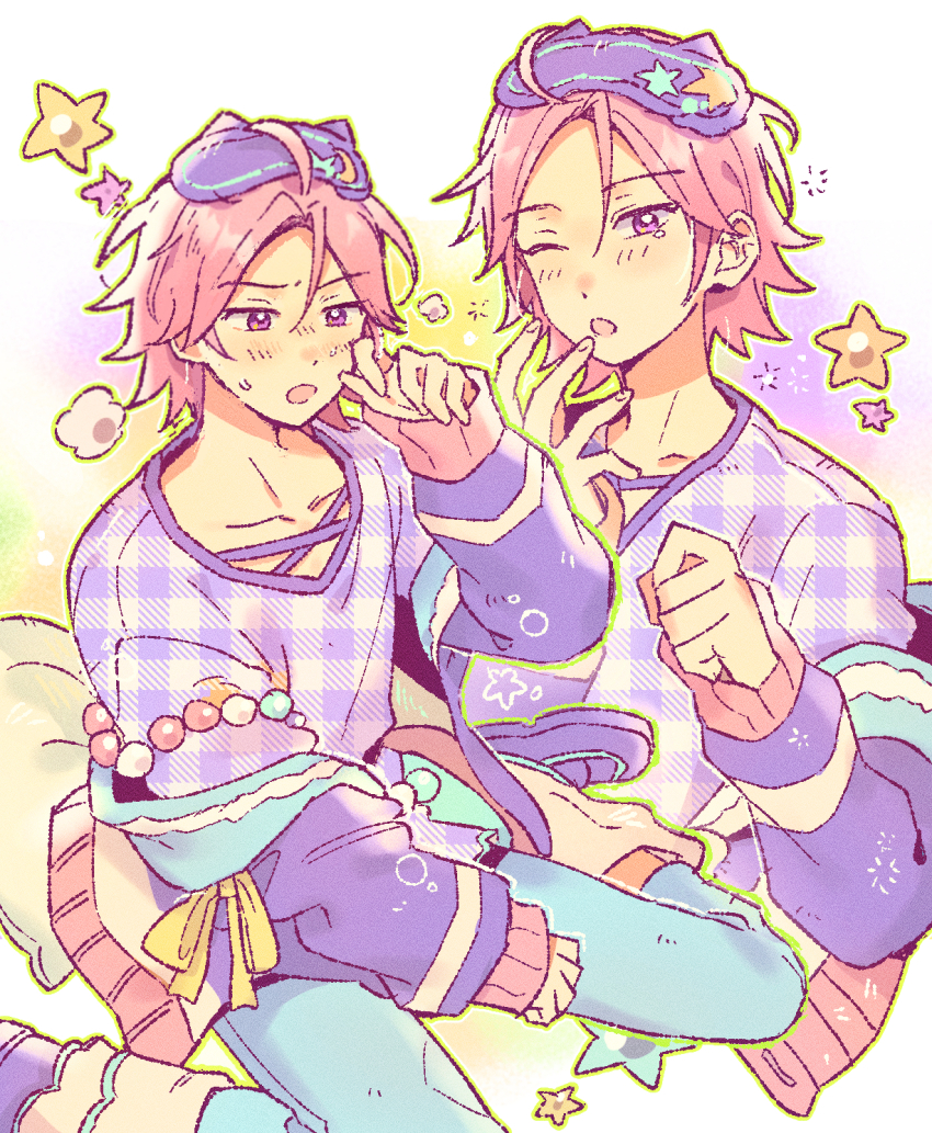 1boy amolajinzza blue_pants ensemble_stars! eyewear_on_head green_outline hair_between_eyes highres long_sleeves male_focus multiple_views oukawa_kohaku outline pajamas pants pink_hair plaid_clothes plaid_shirt purple_eyes purple_shirt rubbing_eyes shirt short_hair sleep_mask sleepy sleeves_past_wrists squeans sweatdrop unmoving_pattern yawning