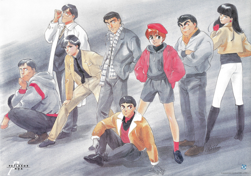 1980s_(style) 3girls 5boys absurdres adjusting_eyewear black_hair blunt_bangs boots business_suit casual character_name copyright_name cropped_jacket crossed_arms earrings formal_clothes gotou_kiichi grin hand_on_own_knee hands_in_pockets hat head_rest highres hood hoodie izumi_noa jacket jewelry kanuka_clancy kidou_keisatsu_patlabor knee_boots kumagami_takeo lab_coat legs_apart long_hair long_sleeves looking_at_viewer multiple_boys multiple_girls necktie official_art oldschool oota_isao open_clothes open_jacket painting_(medium) pants plaid_clothes plaid_scarf poster_(medium) red_hair red_headwear retro_artstyle scan scarf shinohara_asuma shinshi_mikiyasu short_hair shorts smile squatting standing suit takada_akemi traditional_media watercolor_(medium) yamazaki_hiromi