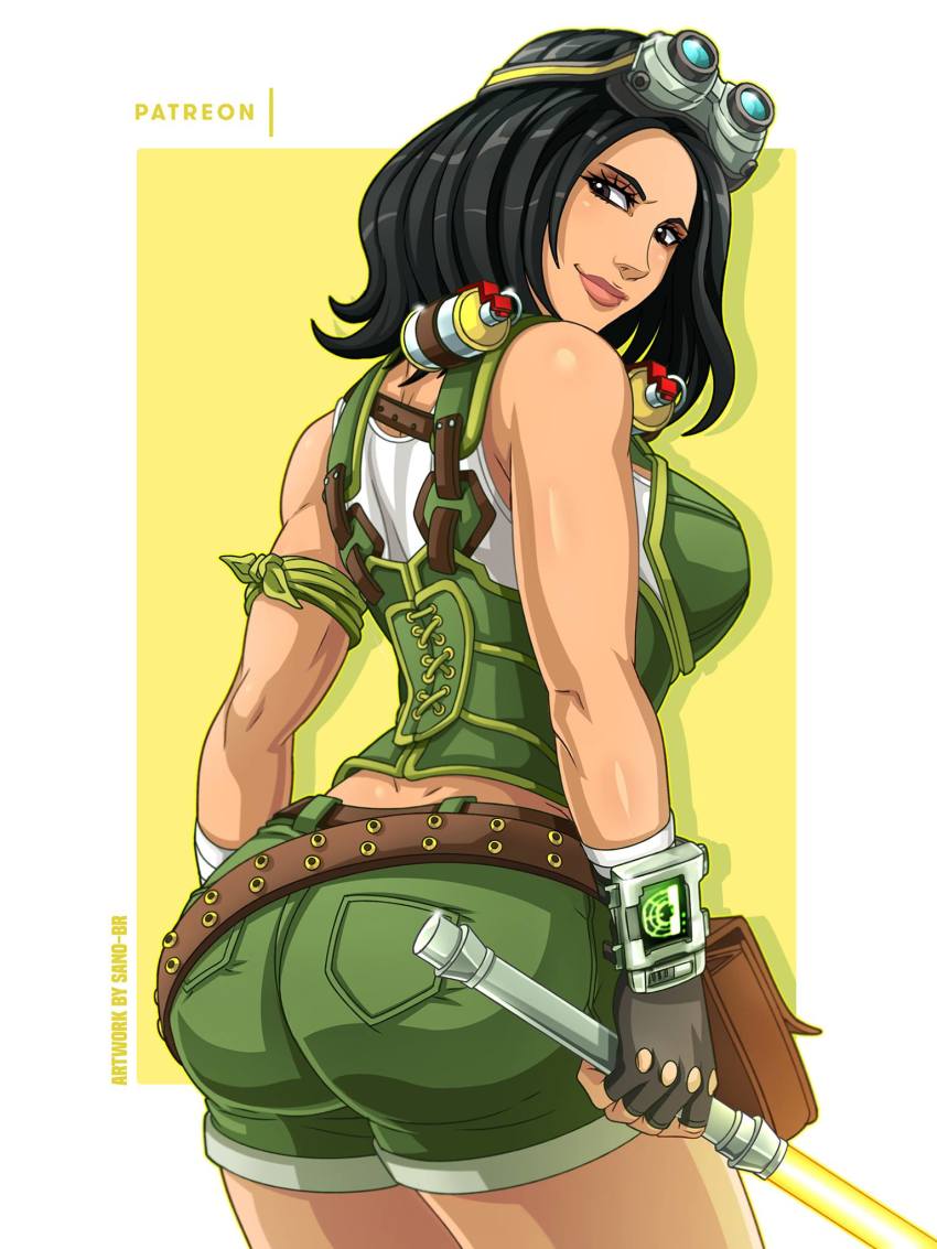 1girl ass black_eyes black_hair black_orchid goggles goggles_on_head green_vest highres killer_instinct sano_br shirt shorts vest weapon white_shirt