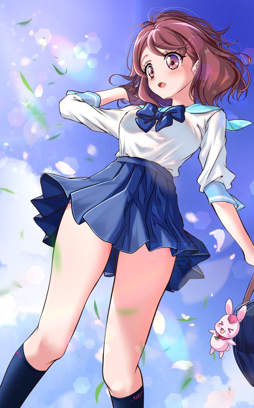 1girl absurdres bag bare_arms blue_skirt blue_sky blue_socks blurry blush bokeh breasts brown_hair clothes_lift depth_of_field falling_petals floating floating_clothes floating_hair hanadera_nodoka handbag hands_up healin&#039;_good_precure highres joshi_kousei kakikakilemon kneehighs long_sleeves medium_hair parted_bangs petals pink_petals precure rabbit rabirin_(precure) ribbon sailor_collar sailor_shirt school_bag school_uniform shirt skirt skirt_lift sky socks solo solo_focus