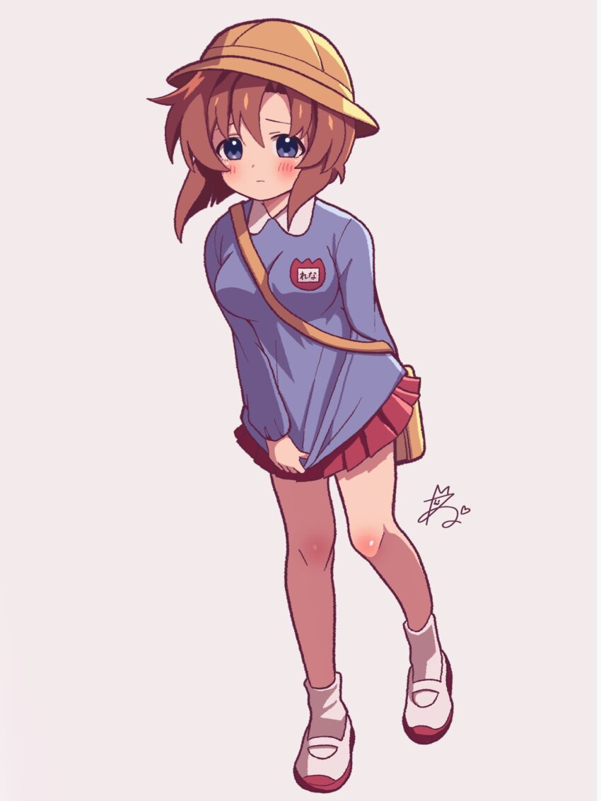 1girl bag blue_eyes blue_shirt blush breasts brown_hair closed_mouth collared_shirt commentary_request contrast_collar full_body hat highres higurashi_no_naku_koro_ni kindergarten_uniform long_sleeves medium_breasts miniskirt name_tag niyane parted_bangs red_skirt ryuuguu_rena school_hat shirt shoes short_hair shoulder_bag signature simple_background skirt socks solo standing white_background white_shoes white_socks yellow_hat