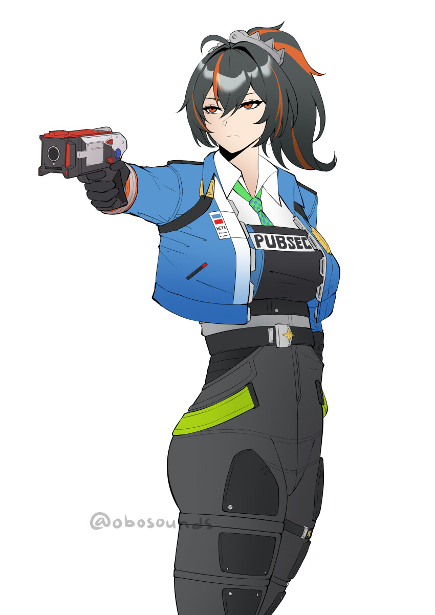 1girl 2024_summer_olympics absurdres black_hair closed_mouth cowboy_shot expressionless gun hair_between_eyes hand_in_pocket highres holding holding_gun holding_weapon looking_ahead multicolored_hair obosounds olympics orange_eyes orange_hair police police_uniform ponytail sidelocks simple_background solo streaked_hair two-tone_hair weapon white_background yusuf_dikec yusuf_dikec_(meme) zenless_zone_zero zhu_yuan