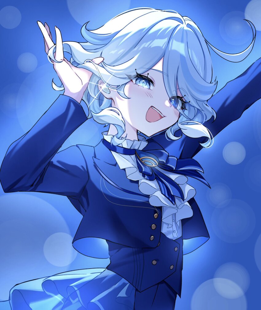 1girl :d alternate_costume blue_background blue_eyes blue_gemstone blue_hair blue_jacket blue_vest brooch center_frills drop-shaped_pupils earbuds earphones eyelash_ornament frills furina_(genshin_impact) gem genshin_impact hands_up highres jacket jewelry looking_at_viewer multicolored_hair open_mouth outstretched_arm short_hair smile solo streaked_hair symbol-shaped_pupils takura_0103 tucking_hair vest wavy_hair wireless_earphones