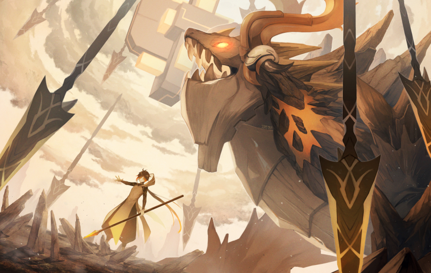 1boy antenna_hair artist_name azhdaha_(genshin_impact) brown_hair brown_pants closed_mouth cloud cloudy_sky coat commentary_request dragon floating_hair genshin_impact glowing glowing_eyes highres holding holding_polearm holding_weapon hood hood_down hooded_coat light_particles long_hair low_ponytail meteor mountainous_horizon open_mouth orange_eyes orange_hair outdoors outstretched_arm pants polearm ponytail puffy_pants rock sharp_teeth sidelocks sky someaka standing teeth very_long_hair weapon white_coat zhongli_(archon)_(genshin_impact) zhongli_(genshin_impact)