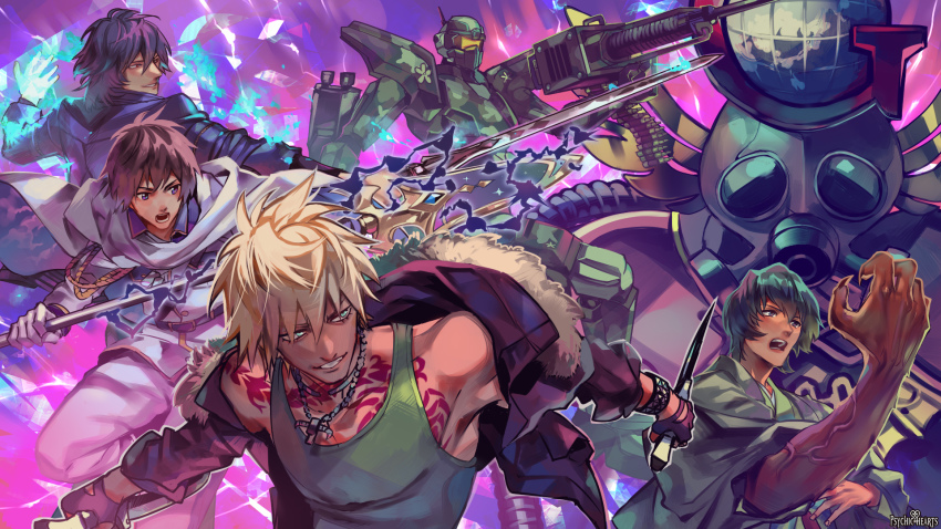 4boys :o black_hair blonde_hair blue_eyes blue_jacket brown_hair bullet cape claws copyright_name dual_wielding fighting_stance grin highres holding holding_polearm holding_spear holding_sword holding_weapon jacket jewelry knife male_focus mecha multiple_boys necklace official_art otani_(gloria) polearm psychic_hearts purple_background robot shouting smile spear sword tattoo veins weapon white_cape