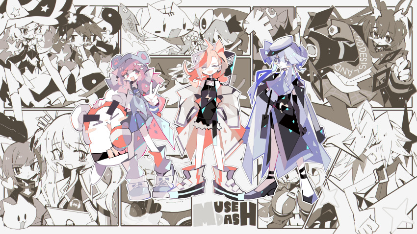 6+girls :d :p amiya_(arknights) animal_ears anniversary arknights asagina_gi asakura_neko ascot bear bear_hat belt black_belt black_dress black_footwear black_gloves blonde_hair blue_ascot blue_cape blue_eyes blue_footwear blue_hair blue_headwear blue_neckerchief blue_skirt blush blush_stickers bow boxing_gloves broom broom_riding buro_(muse_dash) buro_(sailor_suit)_(muse_dash) cape cat cat_ears clear_(djmax) closed_eyes coat commentary_request copyright_name crossover cytus cytus_ii djmax djmax_respect dress elbow_gloves fake_animal_ears fang fingernails fish flat_cap footwear_bow gloves groove_coaster hair_tubes hakurei_reimu hat highres holding holding_tablet_pc humanization jacket kirisame_marisa long_hair long_sleeves looking_at_viewer marija_(muse_dash) multiple_girls muse_dash nail_polish neckerchief off_shoulder ola_(muse_dash) open_mouth orb partially_colored pink_eyes pink_hair pink_nails propeller rabbit_ears rin_(muse_dash) sailor_collar shirt shoes short_hair skirt smile socks star_(symbol) tablet_pc tongue tongue_out touhou v vest white_bow white_footwear white_headwear white_jacket white_shirt witch_hat yin_yang yin_yang_orb yume_(groove_coaster)