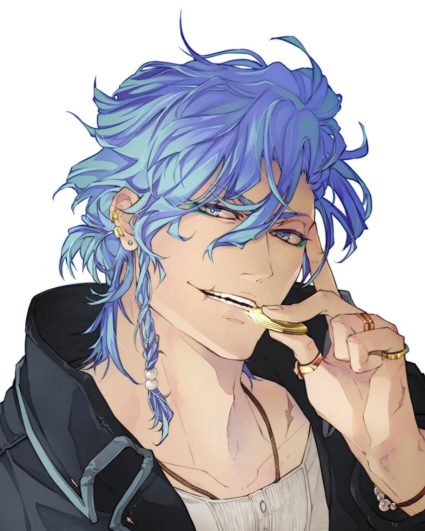 1boy alternate_costume alternate_hairstyle black_jacket bleach blue_eyes blue_hair braid close-up coin collarbone commentary commission diamond_earrings earclip earrings english_commentary evil_smile eyes_visible_through_hair facial_mark fingernails glint grimmjow_jaegerjaquez hair_between_eyes hair_bobbles hair_ornament hand_up highres holding holding_coin index_finger_raised jacket jewelry looking_at_viewer male_focus multiple_rings nose parted_lips peppertea ring scar scar_on_face scar_on_hand scar_on_mouth second-party_source short_hair side_braid simple_background single_braid smile solo spiked_hair teeth thick_eyebrows tsurime v-shaped_eyebrows white_background