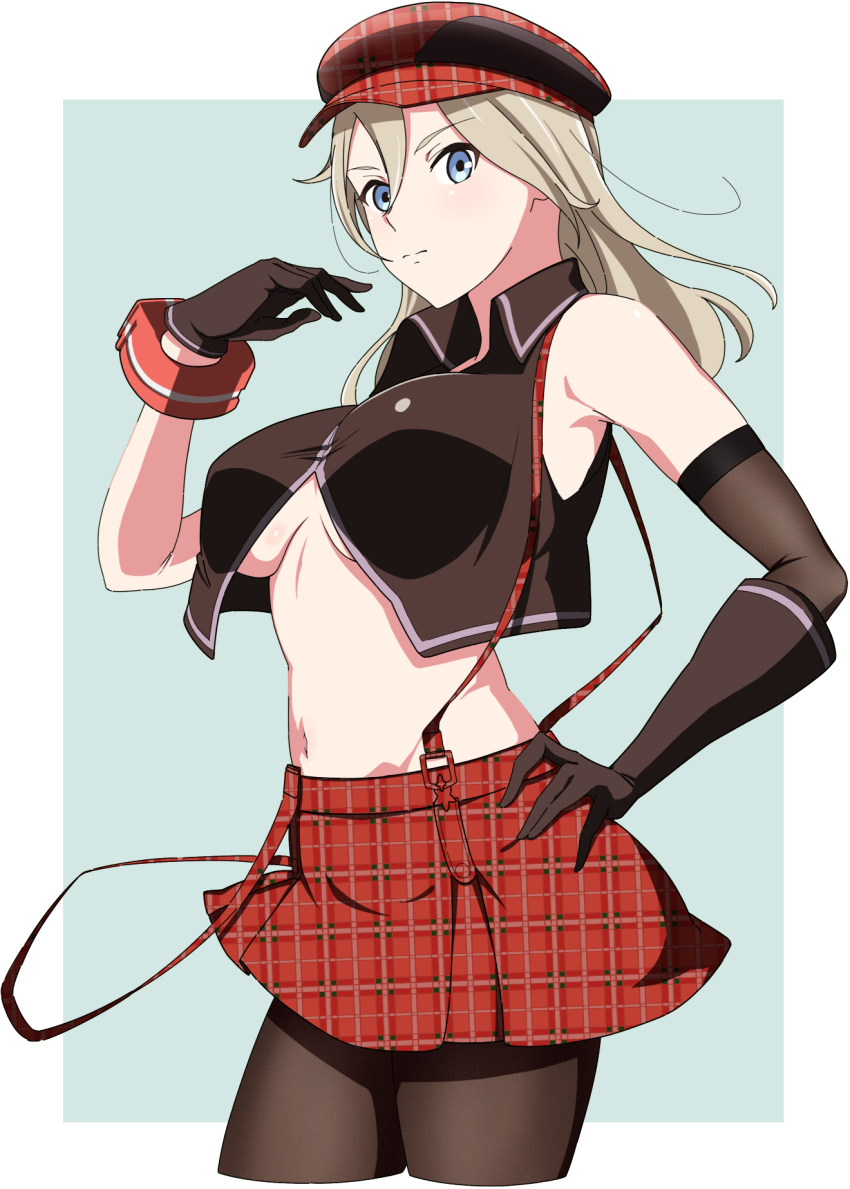 1girl 80kc alisa_ilinichina_amiella arm_warmers armpit_crease bare_shoulders black_gloves black_pantyhose black_vest blue_background blue_eyes border breasts newsboy_cap closed_mouth collared_vest commentary_request cropped_legs cropped_vest elbow_gloves fingerless_gloves gloves god_eater god_eater_burst groin hair_between_eyes hairband hand_on_own_hip hand_up hat highres large_breasts long_hair looking_at_viewer navel pantyhose partial_commentary plaid_clothes plaid_skirt red_hairband red_skirt sidelocks single_arm_warmer single_elbow_glove skirt solo standing stomach suspender_skirt suspenders suspenders_slip underboob vest white_border