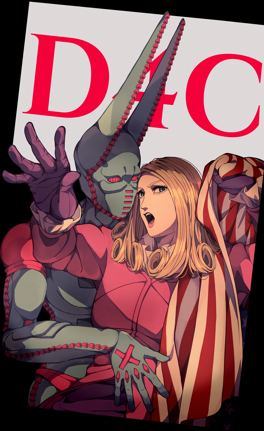 1boy 2boys absurdres american_flag blonde_hair blue_eyes character_name curly_hair dirty_deeds_done_dirt_cheap funny_valentine gloves hand_on_another&#039;s_chest highres jojo_no_kimyou_na_bouken lipstick long_hair long_sleeves makeup male_focus multiple_boys siniy stand_(jojo) steel_ball_run
