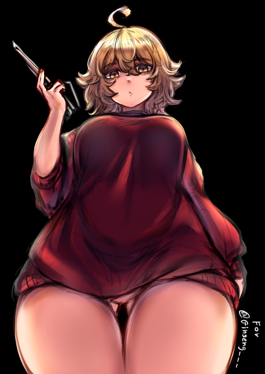 1girl ahoge arm_at_side bags_under_eyes black_background blonde_hair borrowed_character breasts chris_(ginseng) colorized commentary english_commentary expressionless gluteal_fold greenopi hair_between_eyes highres holding holding_scissors large_breasts looking_at_viewer original red_sweater scissors short_hair shortstack solo sweater thick_thighs thigh_gap thighs wide_hips yellow_eyes