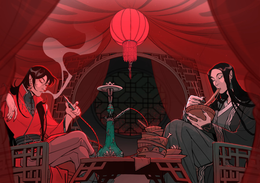 2boys animal_print belt black_hair bone bowl bowl_stack butterfly_earrings butterfly_print chair chopsticks closed_eyes collared_robe commentary crossed_legs curtains dishes earrings eating english_commentary eyeliner fingernails food green_eyeliner grey_hanfu grey_nails he_xuan highres holding holding_chopsticks hookah hua_cheng indoors jewelry lantern layered_sleeves long_fingernails long_hair long_sleeves makeup male_focus malinanan multiple_boys multiple_earrings multiple_rings noodles pointy_ears red_eyeliner red_nails ring silver_necklace silver_trim sitting smoke smoking table tassel tassel_earrings tianguan_cifu very_long_hair wide_sleeves window