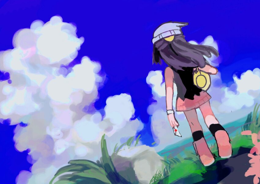 1girl beanie black_shirt black_socks blue_sky boots cloud dawn_(pokemon) day dutch_angle grass half_updo hat highres holding holding_letter kneehighs letter long_hair miniskirt nintendo outdoors pink_boots pink_skirt pokemon pokemon_dppt shichibee_(stm_mimi) shirt skirt sky socks solo standing white_hat yellow_bag
