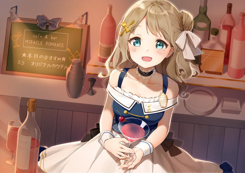 1girl :d absurdres alcohol bar_(place) bare_shoulders bartender blue_eyes blue_skirt bottle bow chalkboard character_name cherry choker collarbone cowboy_shot cup dishes drinking_glass dutch_angle eyelashes female_focus food frilled_choker frills fruit glass grey_choker hair_bow hair_bun hair_ornament highres holding holding_cup indoors jigger kinako_(shiratama_mochi) light_brown_hair long_hair looking_at_viewer mira_(miracle_romance) miracle_romance mole mole_under_eye off-shoulder_shirt off_shoulder official_art open_mouth original plaid_choker plaid_clothes purple_bow shaker shelf shirt side_bun single_hair_bun single_side_bun skirt smile solo table translated transparent white_bow white_skirt wine wine_bottle wine_glass wrist_cuffs