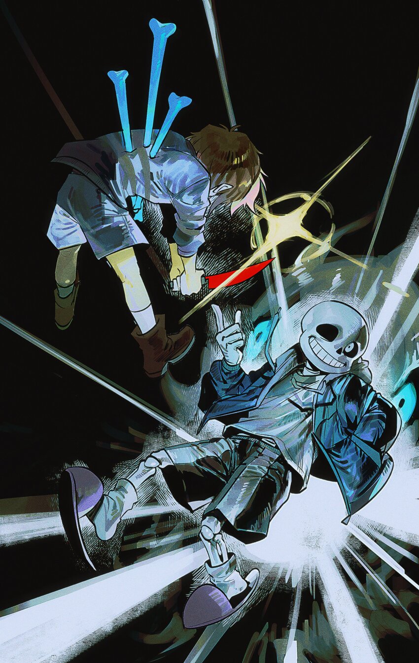 1boy 1other absurdres androgynous battle black_sclera black_shorts blackmaro1 blue_jacket blue_shirt bone brown_hair colored_sclera frisk_(undertale) gloves glowing glowing_eye grin hands_in_pockets highres holding holding_knife jacket knife pink_slippers sans_(undertale) shirt shoes short_hair shorts skeleton slippers smile stab striped_clothes striped_shirt sweater teeth undertale weapon white_gloves