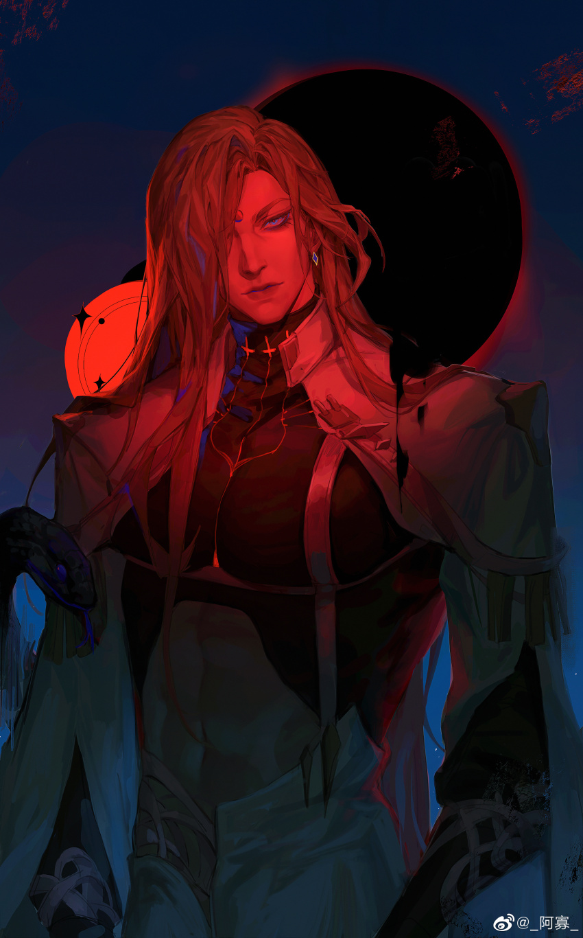 1boy abs absurdres alternate_color alternate_costume backlighting black_gloves black_moon black_shirt blue_sky chinese_commentary commentary_request cowboy_shot crop_top earrings elbow_gloves expressionless final_fantasy final_fantasy_xiv full_moon garlean gloves gradient_sky hair_over_one_eye high_contrast highres jacket jacket_on_shoulders jewelry long_hair looking_at_viewer male_focus moon navel one_eye_covered outdoors pants pectorals platinalsh realistic red_eyes red_hair shirt sky snake solo sparkle standing third_eye turtleneck turtleneck_crop_top watermark weibo_watermark white_pants zenos_yae_galvus