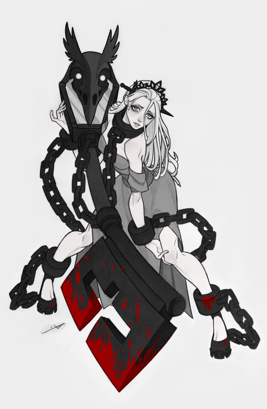 1girl absurdres bare_shoulders bent_over blood breasts chain chained commentary cuffs dress english_commentary full_body greyscale guilty_gear highres key long_dress medium_breasts monochrome mr_andres0n paracelsus_(guilty_gear) parody princess_(slay_the_princess) shackles slay_the_princess solo strapless strapless_dress the_prisoner_(slay_the_princess) tiara