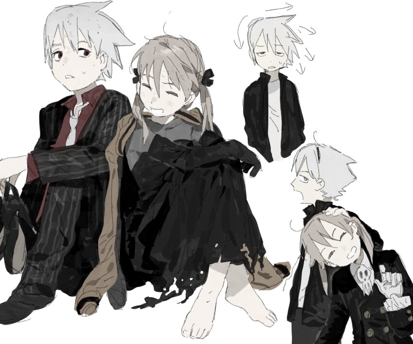 1boy 1girl ^_^ barefoot black_dress black_gloves black_jacket black_pants black_ribbon blonde_hair closed_eyes dress elbow_gloves formal_clothes gloves hair_ribbon highres holding holding_shoes jacket jacket_on_shoulders long_hair looking_at_another ma_fu maka_albarn necktie pants pinstripe_pattern pinstripe_suit red_eyes red_shirt ribbon shirt shoes short_hair smile soul_eater soul_evans suit torn_clothes torn_dress twintails unworn_shoes white_background white_gloves white_hair white_necktie