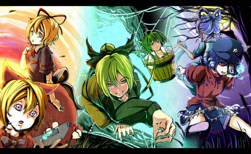 5girls blonde_hair blue_eyes blue_hair bow bucket cave commentary_request doll doll_joints dress flower green_eyes green_hair grin hair_bobbles hair_bow hair_ornament hair_ribbon hair_rings hair_stick hat hat_ornament highres in_bucket in_container jiangshi joints kaku_seiga kisume kurodani_yamame letterboxed lily_of_the_valley medicine_melancholy miyako_yoshika moon multiple_girls night ofuda open_mouth outstretched_arms ponytail red_eyes revision ribbon shawl shika_miso short_hair silk skirt smile spider_web star_(symbol) star_hat_ornament su-san sunset touhou twintails vest wings