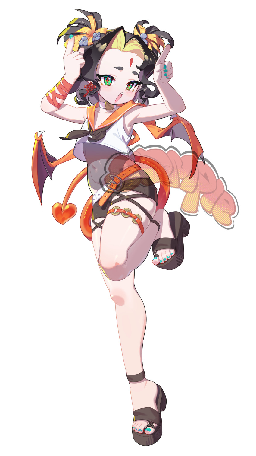 1girl absurdres arav233 blue_nails commentary demon_girl demon_tail highres horns_pose open_mouth original simple_background solo standing standing_on_one_leg tail toes white_background