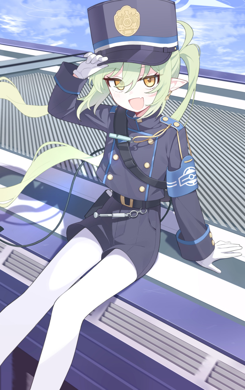 1girl :d armband belt billbung black_belt blue_archive blue_armband commentary fang feet_out_of_frame gloves green_hair green_halo hair_between_eyes halo hat highres jacket long_hair long_sleeves looking_at_viewer nozomi_(blue_archive) open_mouth pantyhose pointy_ears shorts sitting smile solo twintails white_gloves white_pantyhose yellow_eyes