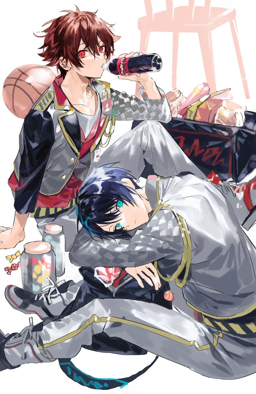2boys absurdres ace_trappola aqua_eyes bag ball basketball_(object) blue_hair blush boots bottle candy candy_jar chair checkered_sleeves closed_mouth collarbone commentary_request deuce_spade drinking facial_tattoo food foot_out_of_frame full_body grey_boots grey_jacket grey_pants hair_between_eyes hand_on_own_arm highres holding holding_bottle holding_candy holding_food holding_lollipop jacket knee_up lollipop looking_at_viewer male_focus multicolored_jacket multiple_boys nana_tetra pants red_eyes red_hair short_hair simple_background sitting soda_bottle sweets tattoo twisted_wonderland white_background