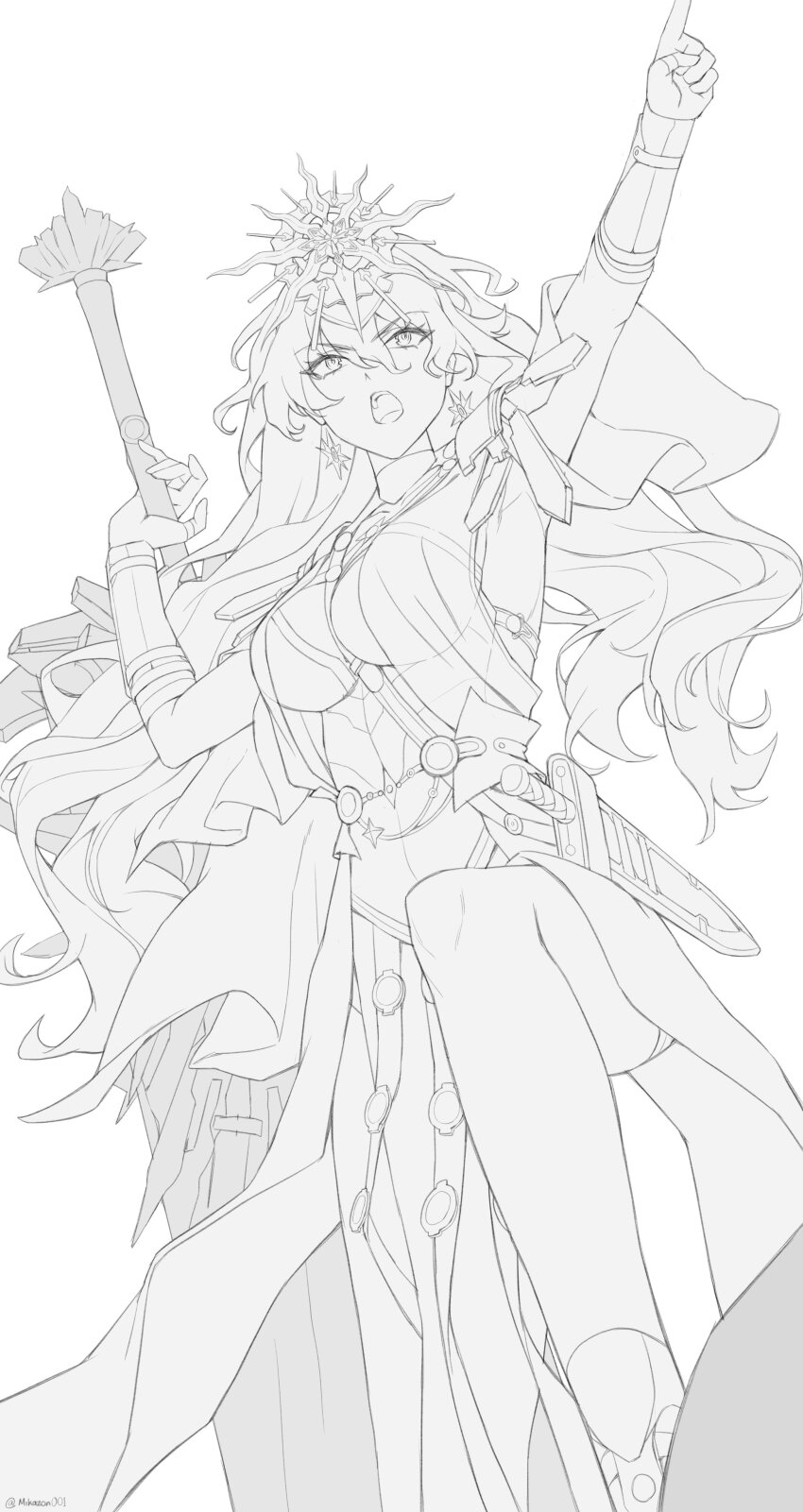 1girl absurdres ancient_greek_clothes armor augusta_(wuthering_waves) breastplate breasts commentary earrings from_below greatsword greco-roman_clothes hair_between_eyes headgear highres holding holding_sword holding_weapon jewelry large_breasts long_hair mikazon monochrome open_mouth pointing pointing_forward sketch solo sun_earrings sword two-handed_sword weapon wuthering_waves