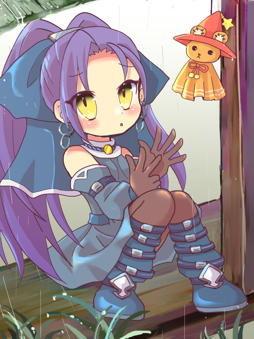 1girl ahoge bare_shoulders blue_bow blue_dress boots bow brown_gloves brown_thighhighs detached_sleeves dress earrings emil_chronicle_online forehead gloves grass hair_bow highres huge_ahoge jewelry knee_boots kurosaki_yomi long_hair mokuju_alma purple_hair rain split_ponytail teruterubouzu thighhighs yellow_eyes