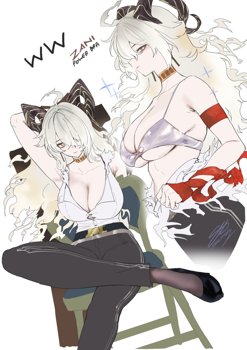 1girl absurdres arm_behind_head armpits bare_shoulders black_horns black_pants black_pantyhose black_shoes blonde_hair bra breasts closed_mouth collarbone commentary curled_horns figure_four_sitting hair_over_one_eye highres horns large_breasts long_hair looking_at_viewer multiple_views pants pantyhose red_eyes salmon88 shirt shirt_tucked_in shoes signature simple_background sitting torn_clothes torn_shirt underwear white_background white_bra white_shirt wuthering_waves zani_(wuthering_waves)