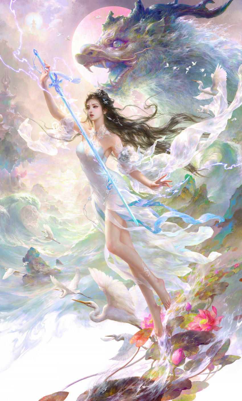 1girl absurdres bare_shoulders bird black_hair chinese_commentary commentary_request dragon dress eastern_dragon flower guangjian_huang hair_ornament highres holding holding_sword holding_weapon lightning long_hair lotus lotus_leaf lu_xueqi_(zhu_xian) realistic sword water waves weapon white_dress zhu_xian