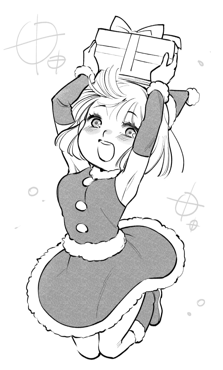 1girl armpits boots box breasts christmas detached_sleeves dress fur-trimmed_boots fur-trimmed_dress fur-trimmed_sleeves fur_trim gift gift_box hat highres holding holding_gift jumping kayoko_(panchlora) looking_at_viewer medium_breasts open_mouth osomatsu-san osomatsu_(series) santa_costume santa_dress santa_hat short-haired_girl_(osomatsu-san) sleeveless sleeveless_dress smile