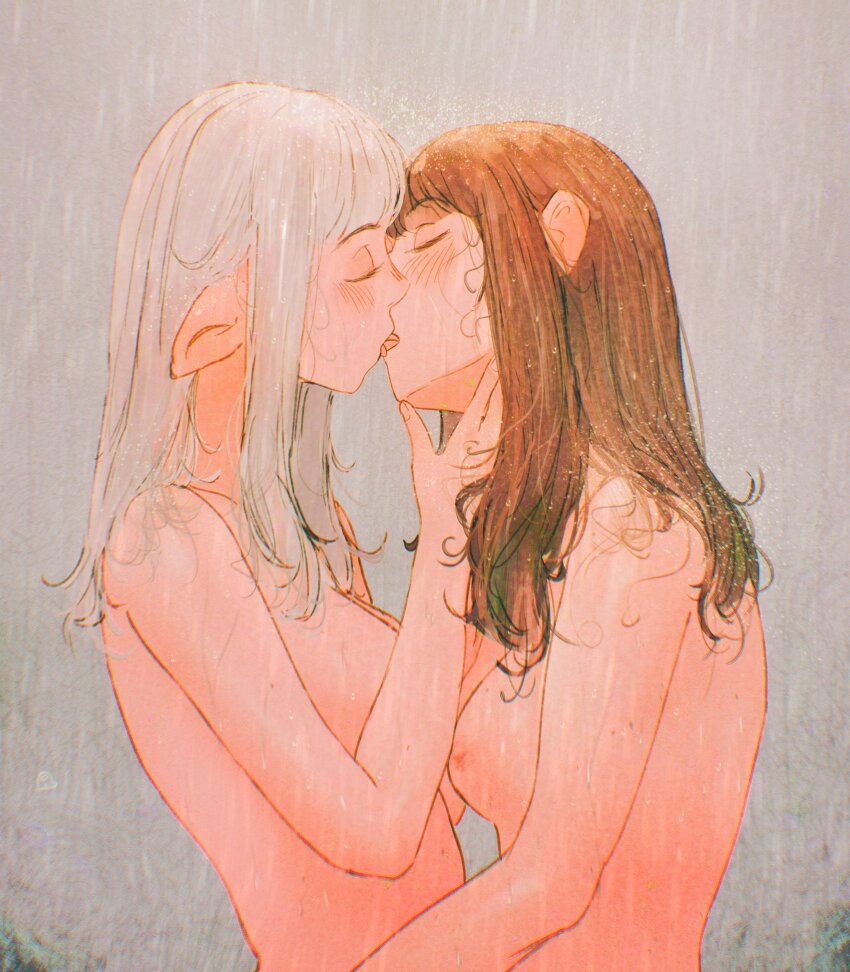 2girls absurdres asimov_(spindle_(aidenr0)) blush breasts brown_hair closed_eyes couple french_kiss from_behind hand_on_another&#039;s_chin head_tilt highres kiss long_hair medium_breasts multiple_girls nude original ottilie_(spindle_(aidenr0)) showering spindle_(aidenr0) uncensored upper_body white_hair yuri