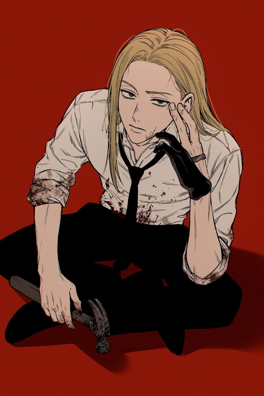 1boy black_gloves black_necktie black_pants black_shoes blonde_hair blood blood_on_clothes blood_on_hands bloody_weapon closed_mouth collared_shirt elbow_on_thigh fingernails forehead formal_clothes full_body gloves grey_eyes hair_behind_ear hammer hand_on_own_cheek hand_on_own_face highres holding holding_hammer indian_style jitome kuroiisana leaning_forward light_frown long_hair looking_at_viewer male_focus necktie pants partially_fingerless_gloves partly_fingerless_gloves red_background sakamoto_days sanpaku scar scar_on_chin scar_on_face shirt shishiba_(sakamoto_days) shoes simple_background single_glove sitting sleeves_rolled_up solo straight_hair weapon white_shirt yugake