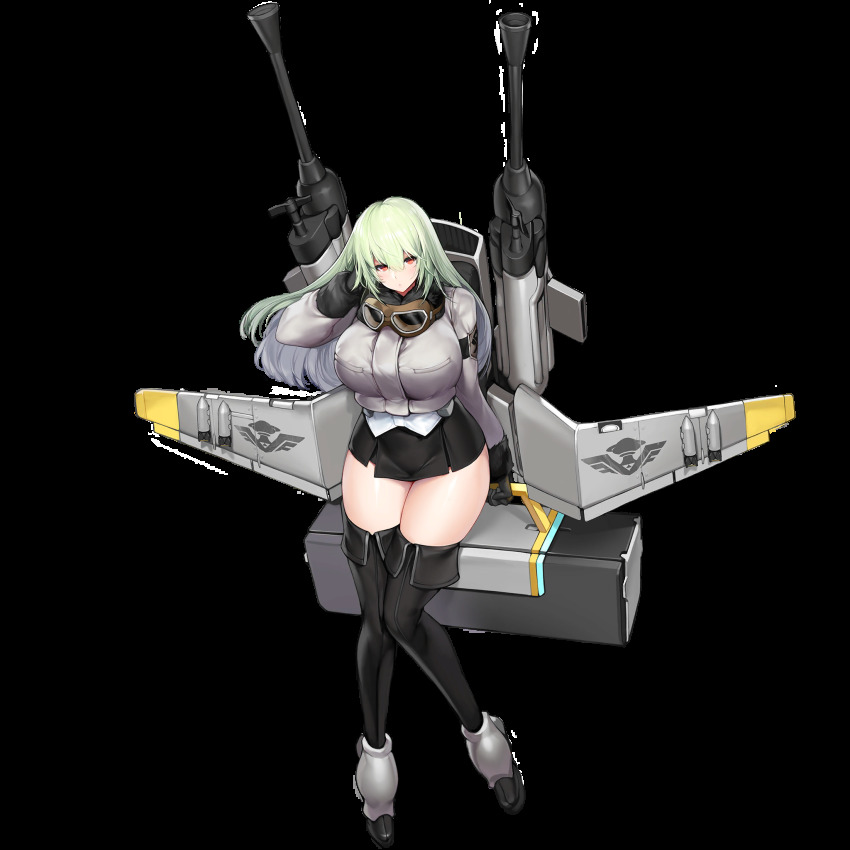 1girl autocannon banshee_(last_origin) black_boots black_gloves black_skirt black_thighhighs bomb bomber boots breasts cannon curvy dive_bomber explosive female_focus full_body game_cg gloves goggles goggles_around_neck green_hair hair_between_eyes highres huge_breasts jacket knees_together_feet_apart last_origin light_green_hair long_hair looking_at_viewer miniskirt official_art pleated_skirt red_eyes skirt snowball22 solo tachi-e thigh_boots thighhighs transparent_background wide_hips wings