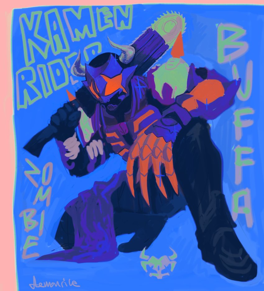 1boy bull chainsaw character_name claw_(weapon) cowboy_shot demonnnrice gradient_hair highres horns kamen_rider kamen_rider_buffa kamen_rider_geats_(series) male_focus multicolored_hair over_shoulder purple_hair purple_scarf red_hair scarf shoulder_spikes spikes squatting tokusatsu weapon weapon_over_shoulder zombie zombie_breaker