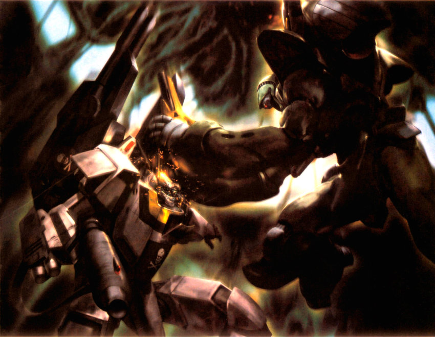 1980s_(style) alien armor artist_request bad_end battle cannon damaged energy_gun energy_weapon gunpod jolly_roger macross macross:_do_you_remember_love? mecha missile no_humans nousjadeul-ger official_art oldschool power_armor promotional_art quamzin_kravshera realistic redesign retro_artstyle robot roy_focker scan science_fiction spacecraft spoilers traditional_media vf-1 vf-1_strike vf-1s weapon zentradi