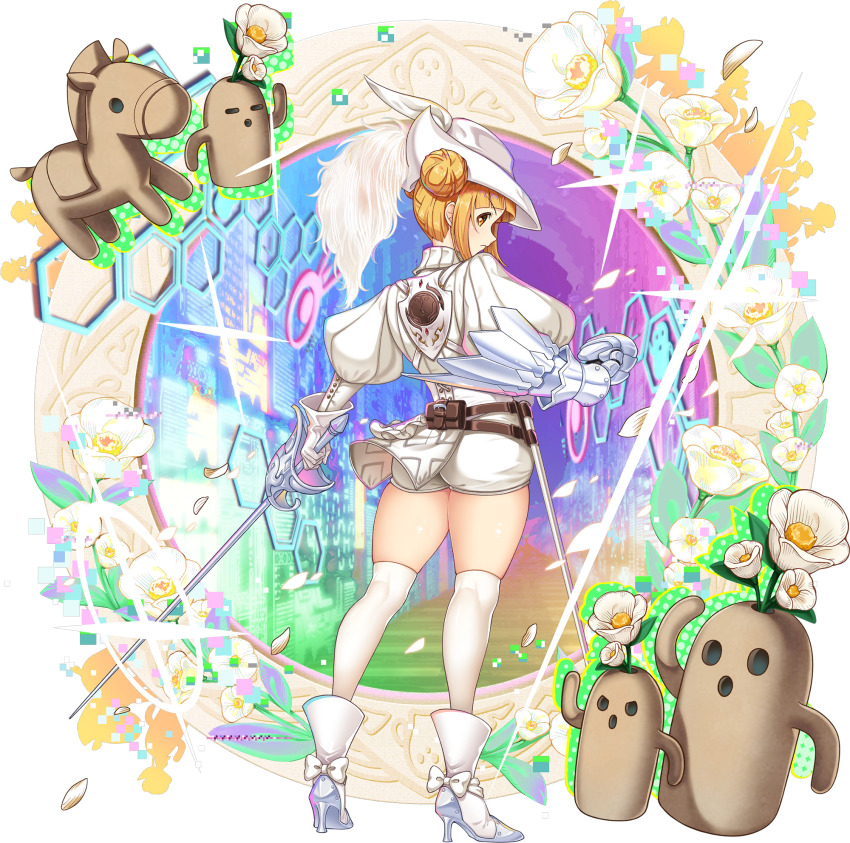 ass back blonde_hair flower full_body hair_bun haniwa_(statue) highres holding holding_sword holding_weapon joutouguu_mayumi profile rotte_(1109) short_hair shorts sword tagme thighhighs thighs third-party_source touhou touhou_lostword weapon white_shorts white_thighhighs