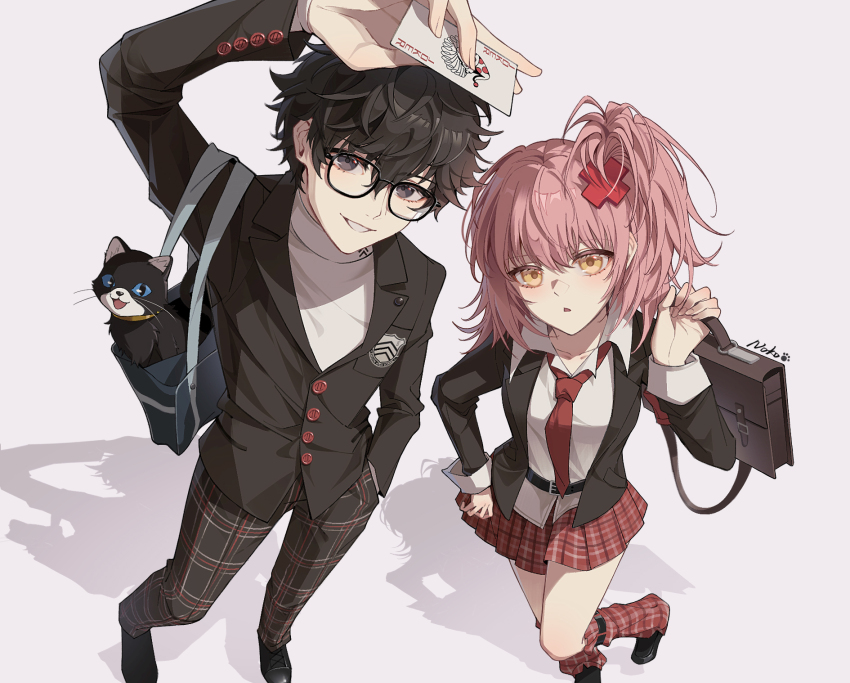 1boy 1girl amamiya_ren arm_up bag black-framed_eyewear black_hair black_jacket black_shoes blazer card collared_shirt commentary_request crossover dullnoko from_above grey_eyes grin hair_ornament hand_in_pocket highres hinamori_amu holding holding_bag holding_card jacket lapels leg_warmers looking_at_viewer morgana_(cat)_(persona_5) morgana_(persona_5) necktie notched_lapels one_side_up pants persona persona_5 pink_hair plaid_clothes plaid_leg_warmers plaid_pants plaid_skirt playing_card pleated_skirt red_leg_warmers red_necktie red_skirt school_bag school_uniform seiyo_academy_school_uniform shadow shirt shoes shoulder_bag shugo_chara! shuujin_academy_school_uniform simple_background skirt smile tuxedo_cat white_background white_shirt x_hair_ornament yellow_eyes