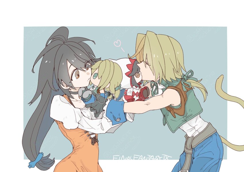 1boy 1girl bare_shoulders black_choker black_hair blonde_hair blue_pants blue_vest bodysuit brown_eyes character_doll choker commentary_request copyright_name doll final_fantasy final_fantasy_ix from_side garnet_til_alexandros_xvii gloves heart highres holding holding_doll long_hair low-tied_long_hair low_ponytail monkey_tail orange_bodysuit oshibainoticket pants ponytail profile puffy_sleeves shirt sleeveless tail upper_body vest white_background white_shirt zidane_tribal